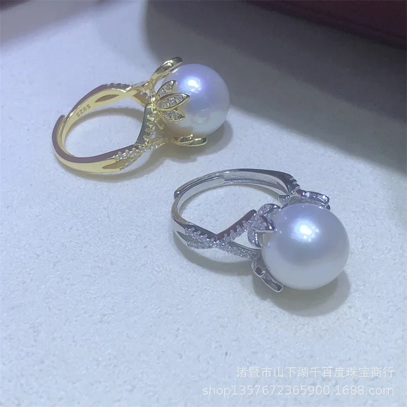 huge Round AAAA++++ ROUND 10-11mm 11-12mm akoya white Pearl S925 Luxury Flower Ring Adjustable