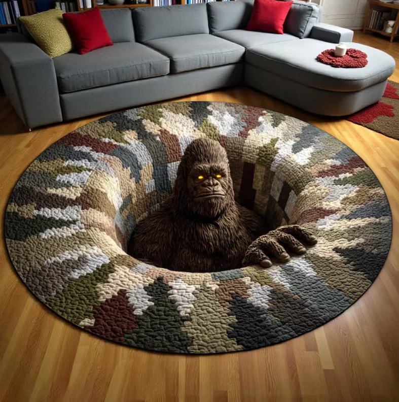 Printed 3D Bigfoot Illusion Rug Funny Bigfoot Printed Round Carpet, Monster Hole Floor Mat Bigfoot Floor Rug Home Decoration