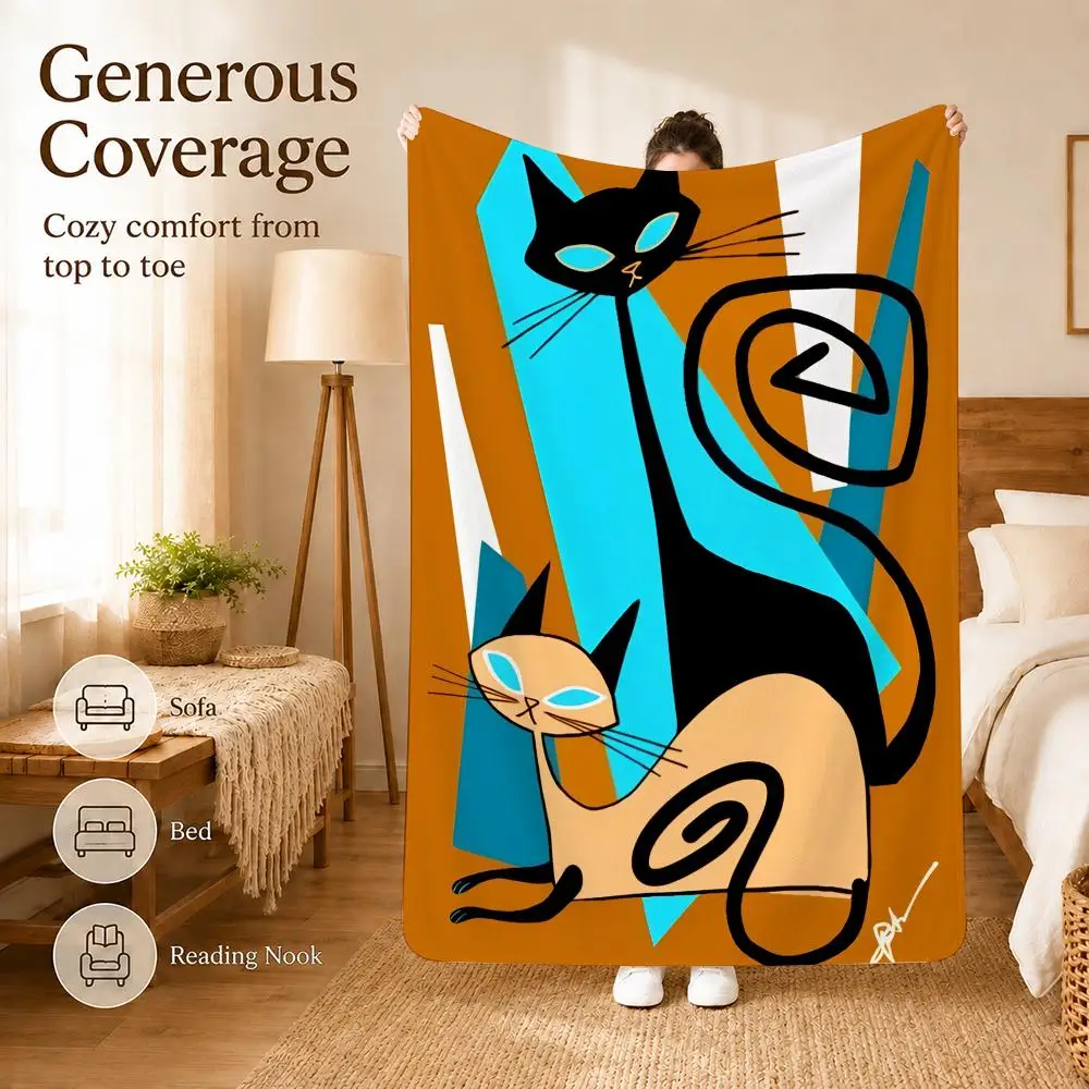 Medieval Modern Cat Art Throw Blanket Soft Flannel Throw Lightweight Summer Home Nap for Office Travel Sofa Bed