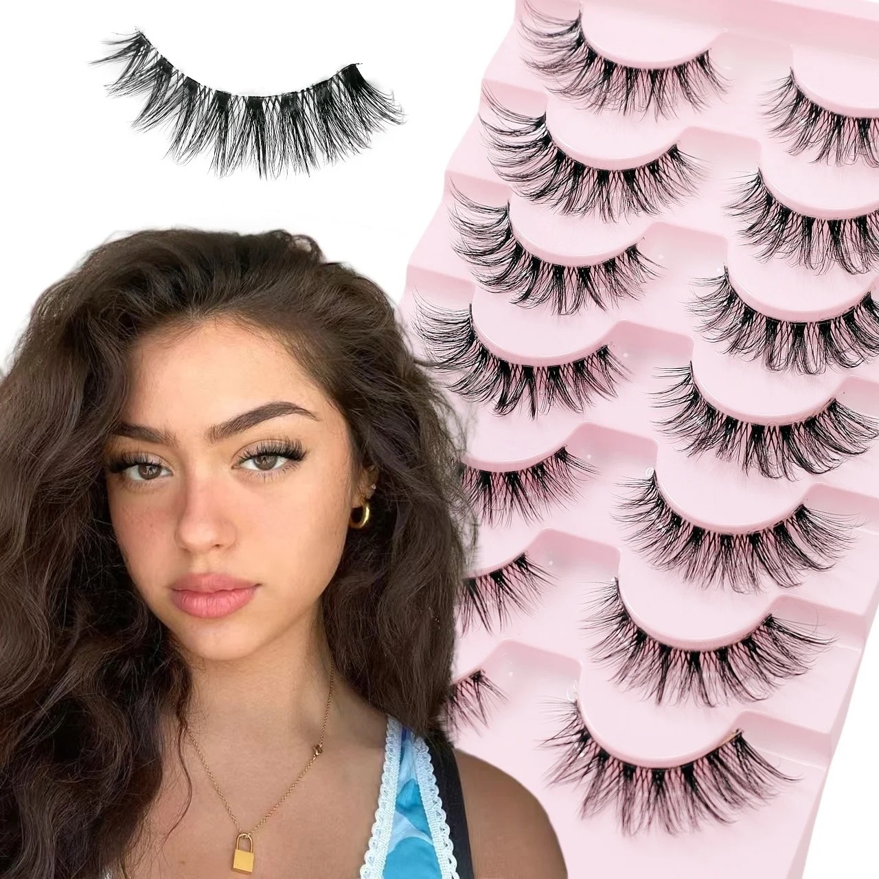 ขนตาปลอม 7 คู่ มีแถบโปร่งใส ขนตาปลอมหนาและหนา รูปลักษณ์เป็นธรรมชาติ ขนตาปลอมสไตล์ฟ็อกซ์ e