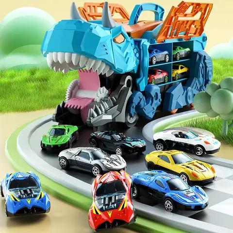 Dinosaur Toys for Kids Boys Ages 3-5, Car Track Set Dinosaur Transport Truck with Diecast Cars that Transform into Dinosaurs