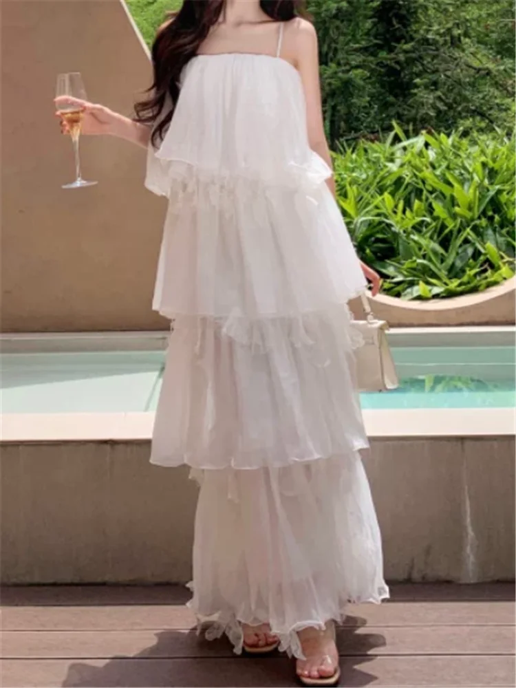 Pleated Ruffles Tassel Fairy White Holiday Beach Dress Robe Resort Style Slash Neck Sleeveless Long Slip Dress Morning Gown