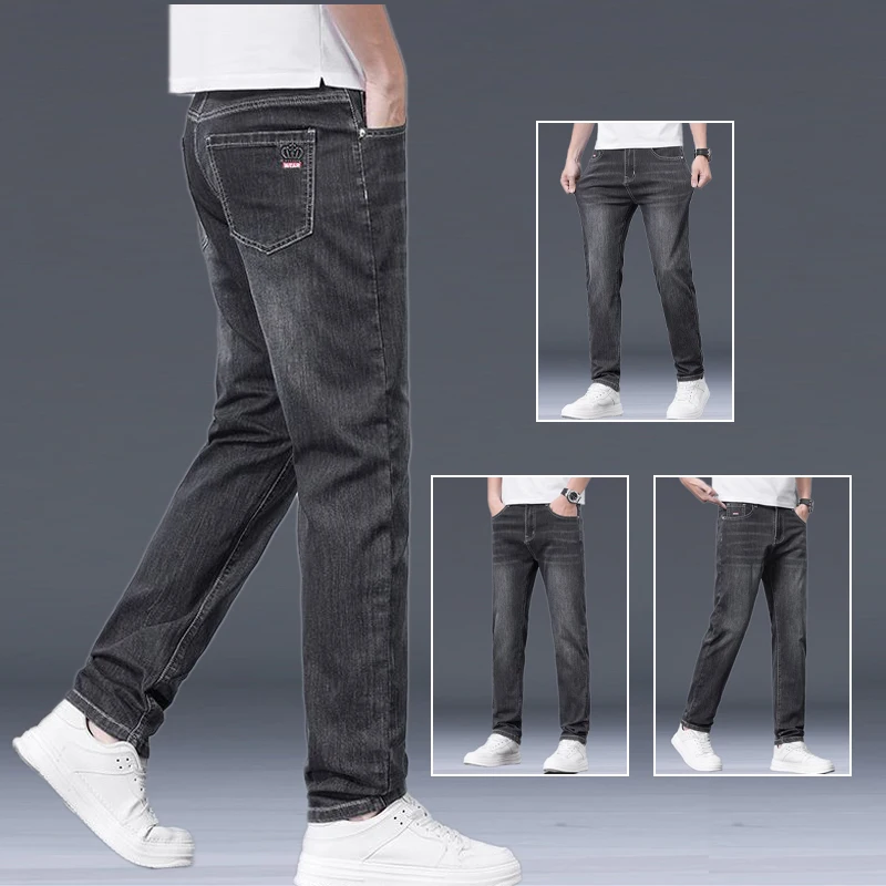 

2025 Male Loose Straight Versatile Formal Denim Pants Men Summer Thin Slim Fit Elasticity Jeans Comfortable Haze Blue Trousers