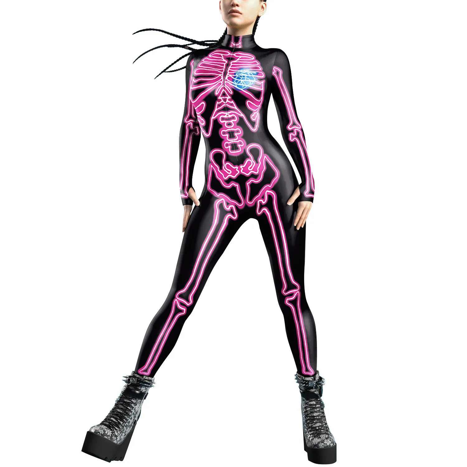 Halloween Blauw/Rode Schedel Jumpsuit Catsuit Sexy Vrouwen Cosplay Kostuums Bodysuit Punk Performance Zentai Pak Fancy Dress