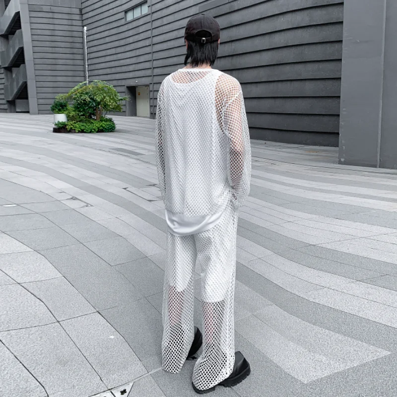 Dark Mesh Hollow-out Anti-DDoS Long-Sleeved T-shirt and Trousers Suit Men's Trendy Ruan Shuai with Handsome