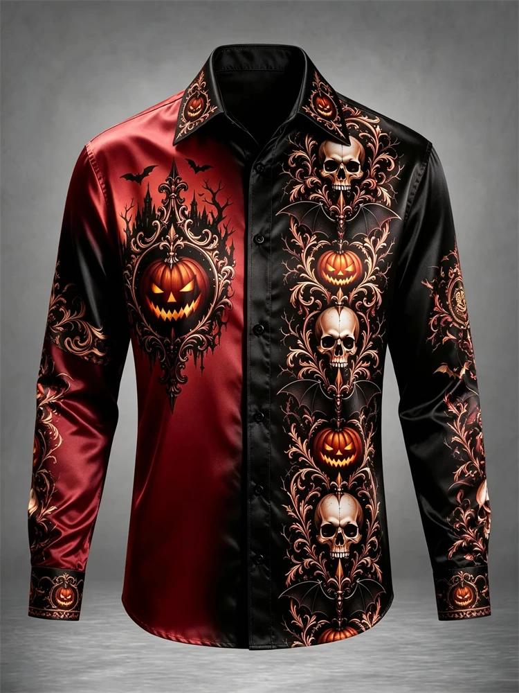 Men's Autumn Halloween Long-Sleeve Shirt Vintage Pumpkin Skull Print Button-Down Loose Comfortable Festive Party-Themed Top