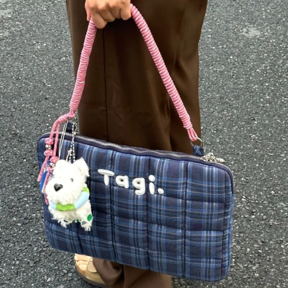 Cute Grid Laptop Bag 14in Cartoon Handheld Shoulder Bags Woven Pillow Embroidered IPad Shockproof Computer Sleeve Macbook Case