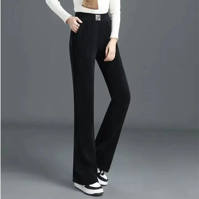 Women Autumn Winter Fleece Simplicity Solid Color High Waist Appear Thin Wide Leg Women Clothes Casual All-match Warm Trousers