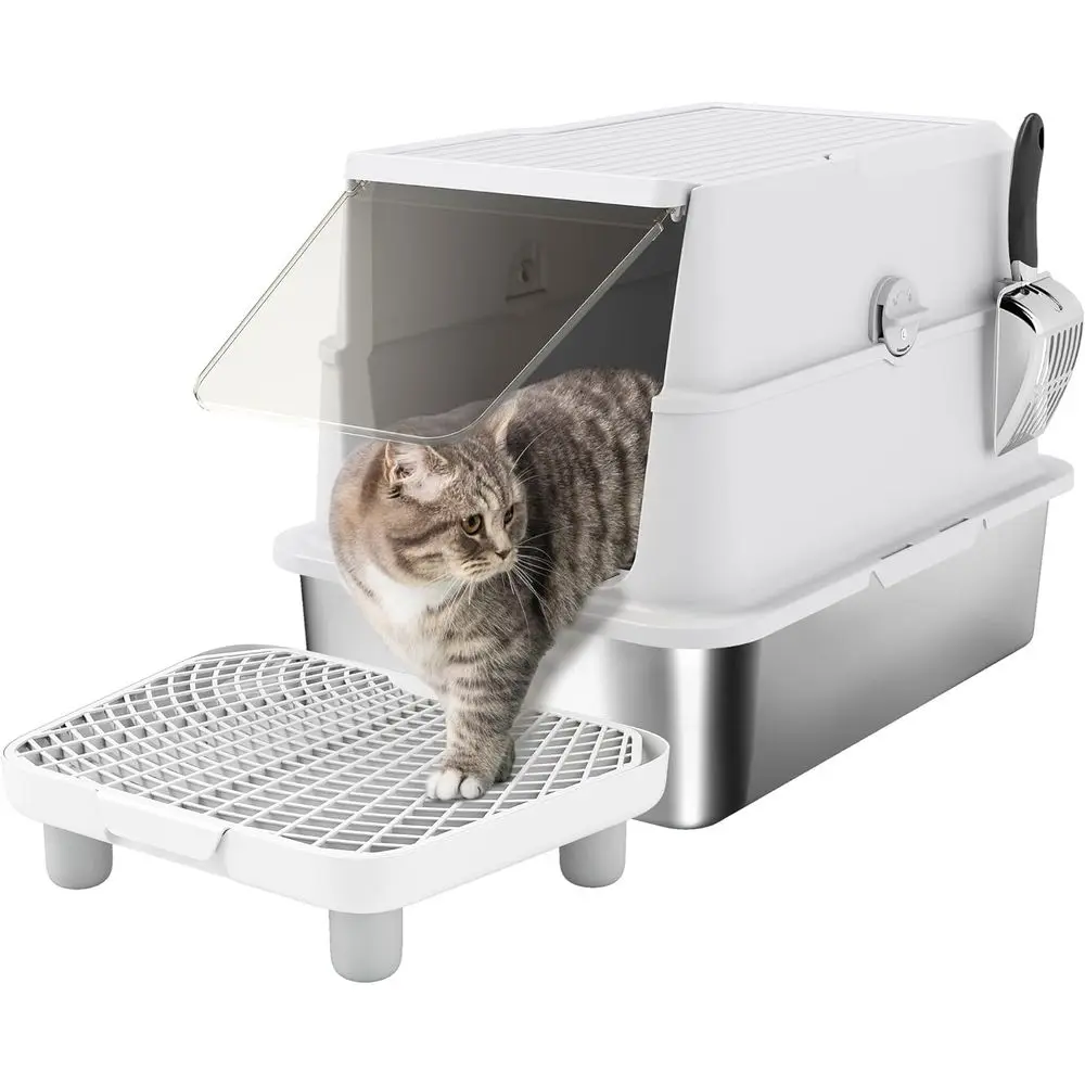 

Extra Large Enclosed Stainless Steel Cat Litter Box with Lid, Easy Clean, Odor-Free, and Scoop Included