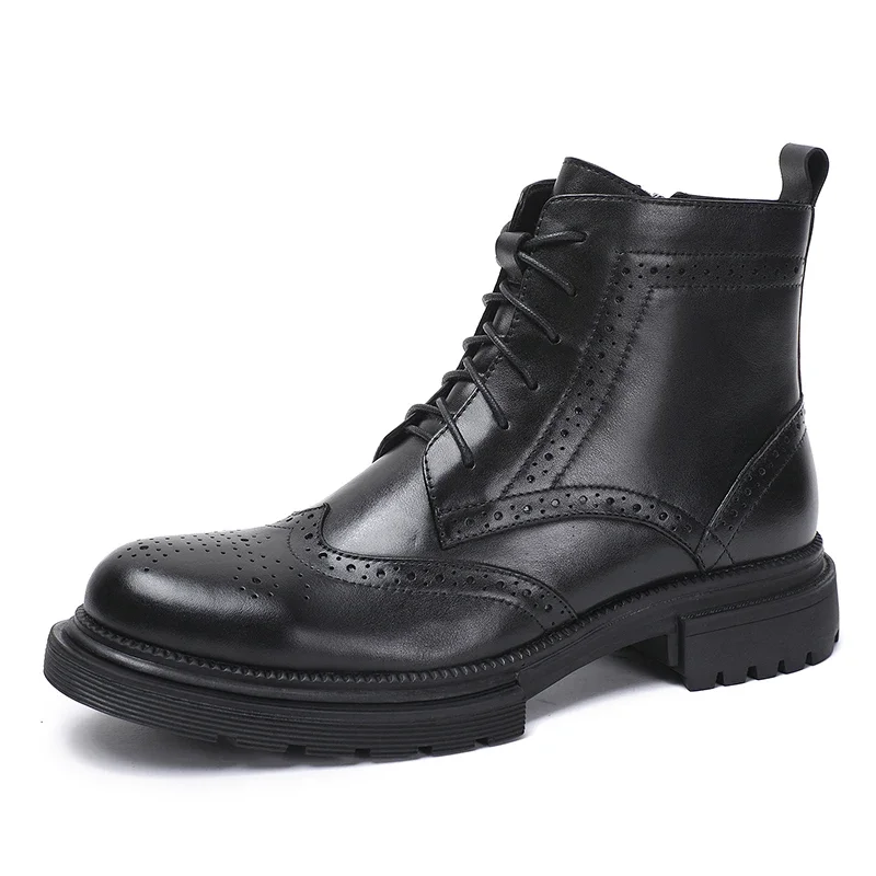 New Men Ankle Boots British Style Brogue Motorcycle Boots Genuine Leather Outdoor Work Shoes Anti-slip Zapatos Botines 