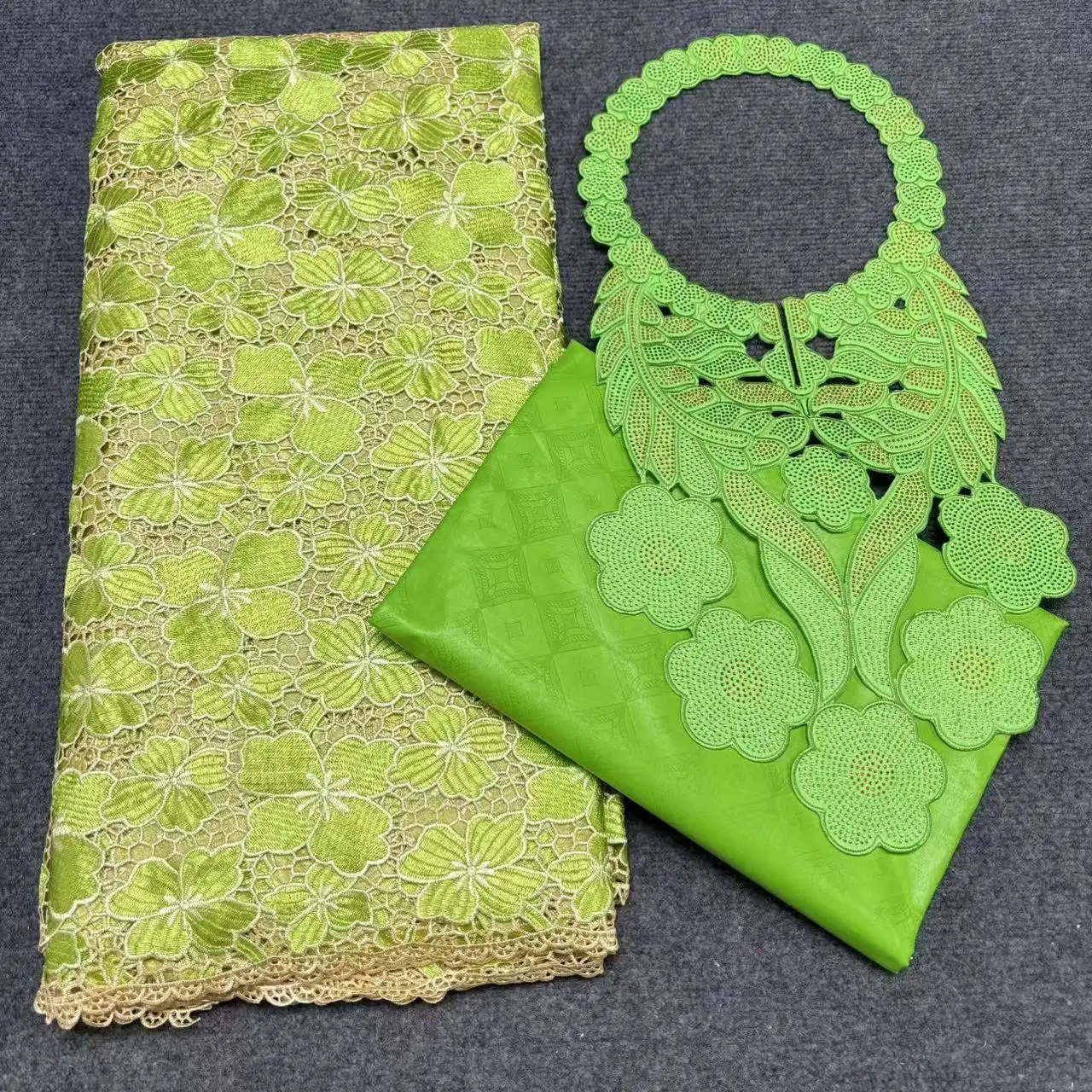 High Quality 2.5yards Swiss Cotton Lace Fabric with 2.5yards Bazin Riche Fabric +Collar Set Hot Sale for Women Dress L67-8