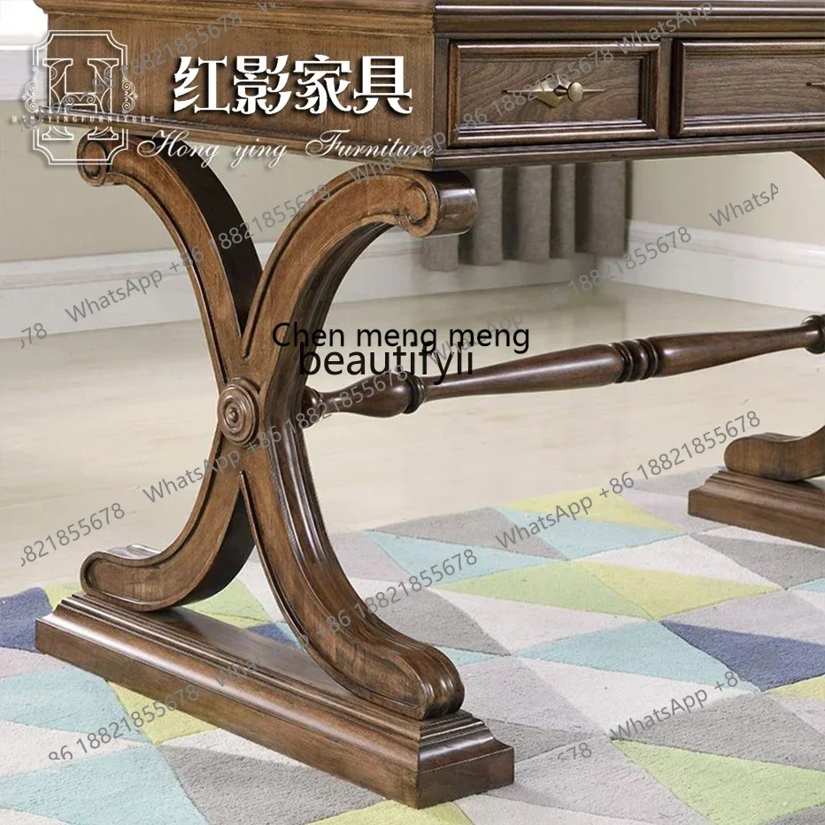 ss7486 American simple solid wood retro desk European carved home desk modern computer desk study New Light Luxury
