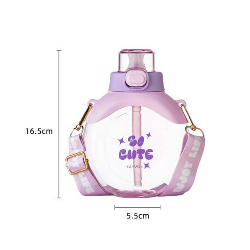 500ML Transparent Flat Water Bottle With Straw And Strap BPA Free Cute Summer Portable School Children Fall-proof Plastic Cups