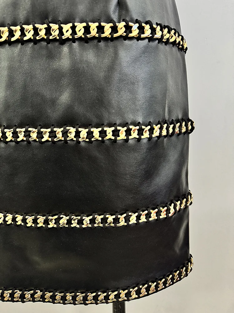 HIGH STREET Nieuwste 2025, Designer Fashion damesketting, driedimensionale lotusblad, leren jurk met enkele mouw