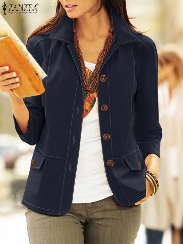 

2025 ZANZEA Vinatge Women Jackets Coats Stylish Autumn Long Sleeve Button Jackets Lapel Neck OL Work Outwears Solid Thin Coat