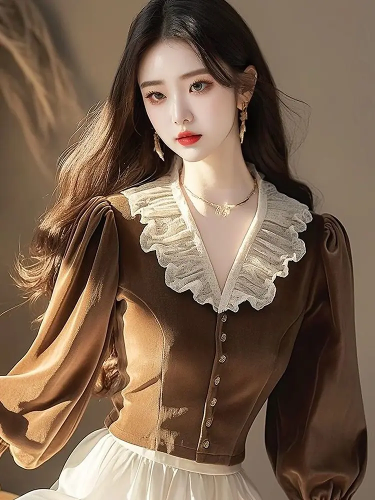 France Retro Elegant Lace V-neck Velvet Shirts Solid Coffee Single Breasted Short Jacket Slim High Waist Luxury Winter Cardigan