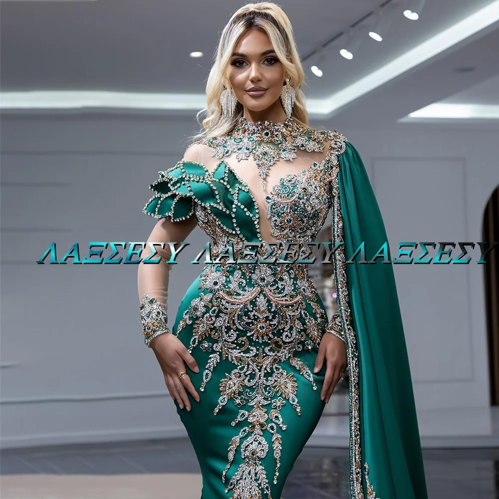 Gorgeous Mermaid Prom Dress Long Sleeve High Neck Beading Crystal Formal Arabic Evening Dresses With Cape Plus Size Custom Made