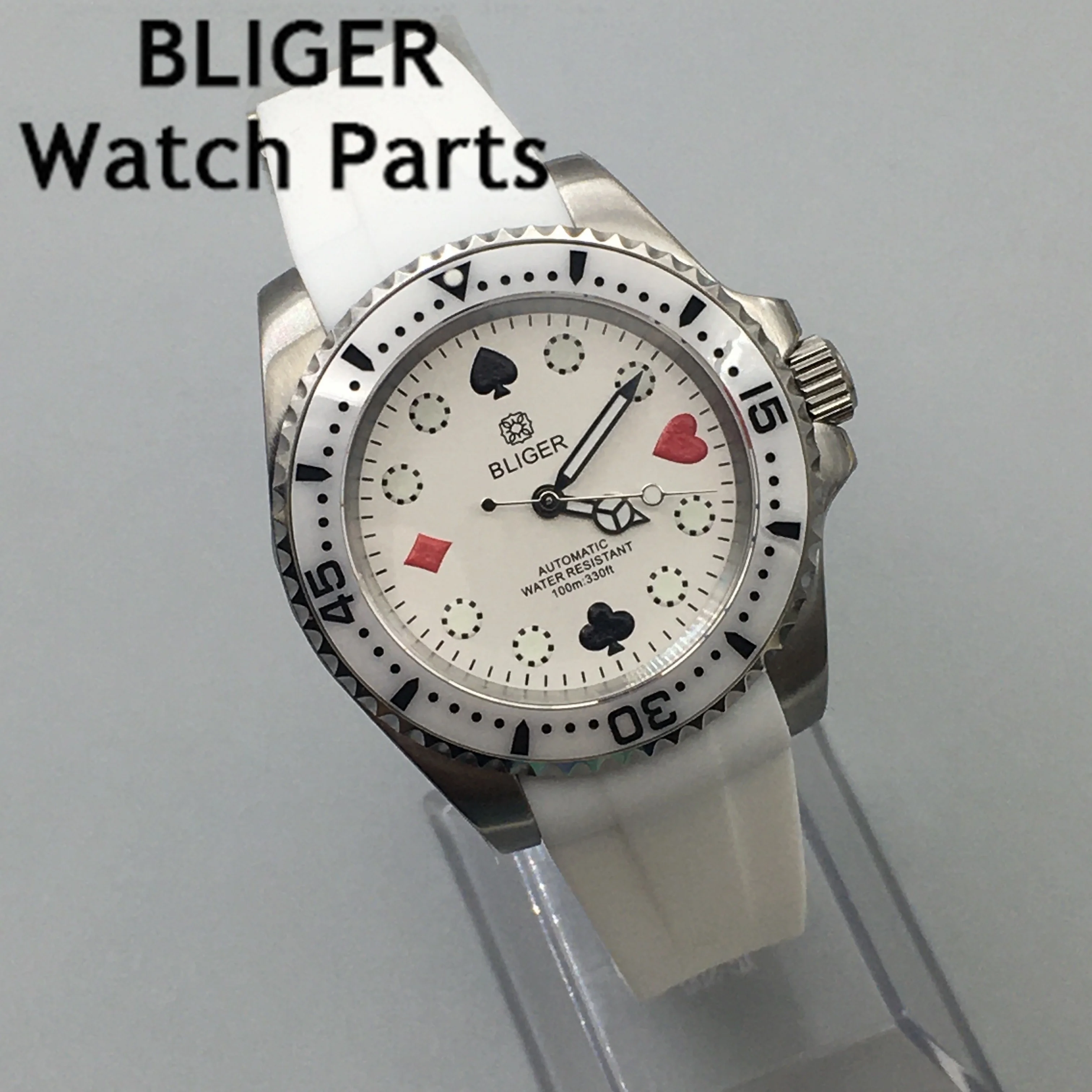 

BLIGER 40mm Silver NH35A Automatic Mens Watch Sapphire Glass Curved End Rubber Strap Luminous White Green Black Dial