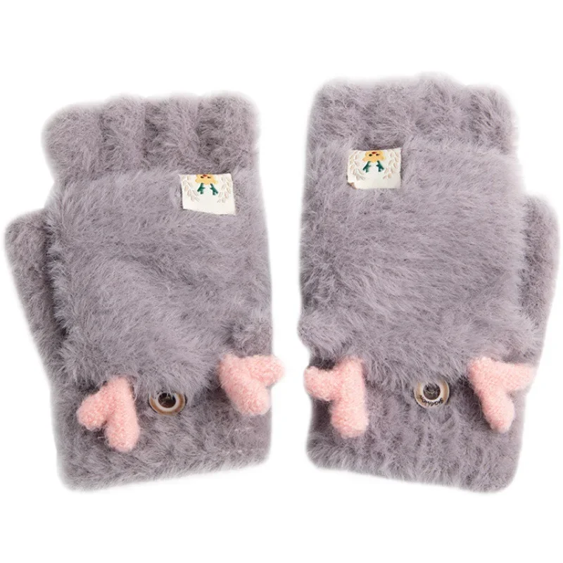 Christmas Antlers Convertible Gloves Cute Cartoon Plush Flip Half Finger Knit Autumn Winter Coldproof Fleece Warm Writing Gloves