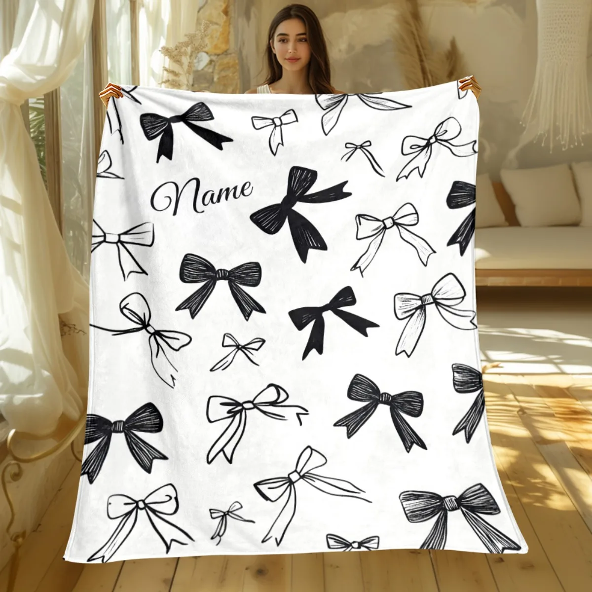 Personalized Name Minimalist Black And White Bow Throw Blanket - Lightweight Bedding for Home Use, Ideal for Sofas, Beds, Travel