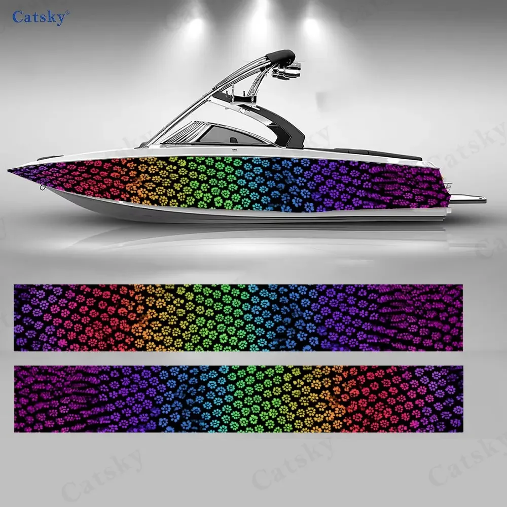 2Pcs Rainbow Paw Print Boat Stickers, PVC Waterproof Durable Vinyl Wrap Decals for Fishing Boats, Durable and Stylish Design