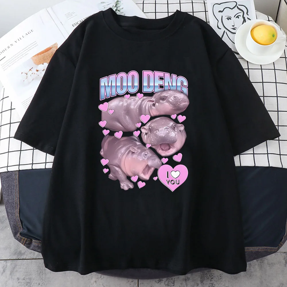 Moo Deng Hippo T-shirt Bawełniane letnie koszulki damskie z krótkim rękawem Ropa De Mujer Casual Cartoon Graphic Printing Tee-shirt O-neck