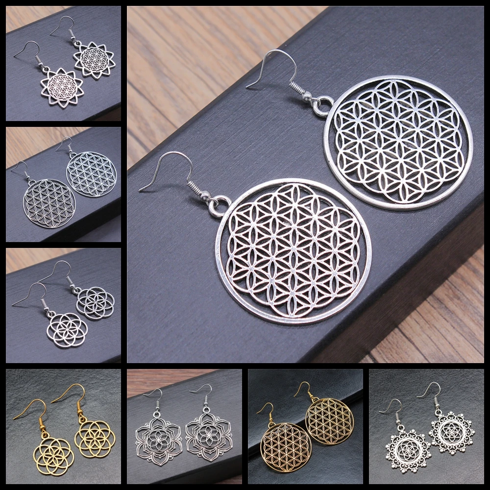 Fashion Handmade Round Carved The Flower Of Life Earring For Women Wholesale Unique Statement Jewelry Earrings
