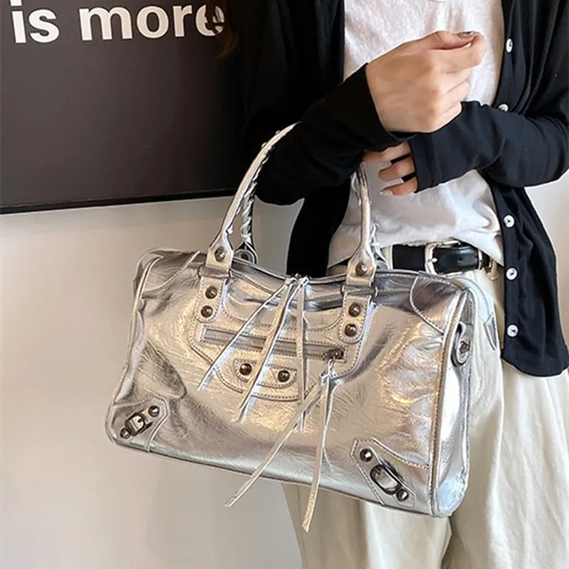 2025 Luxury Design Women Brand Premium PU Leather Large Capacity Tote Bag New Fashion Rivet Casual Handbag Trendy Crossbody Bag