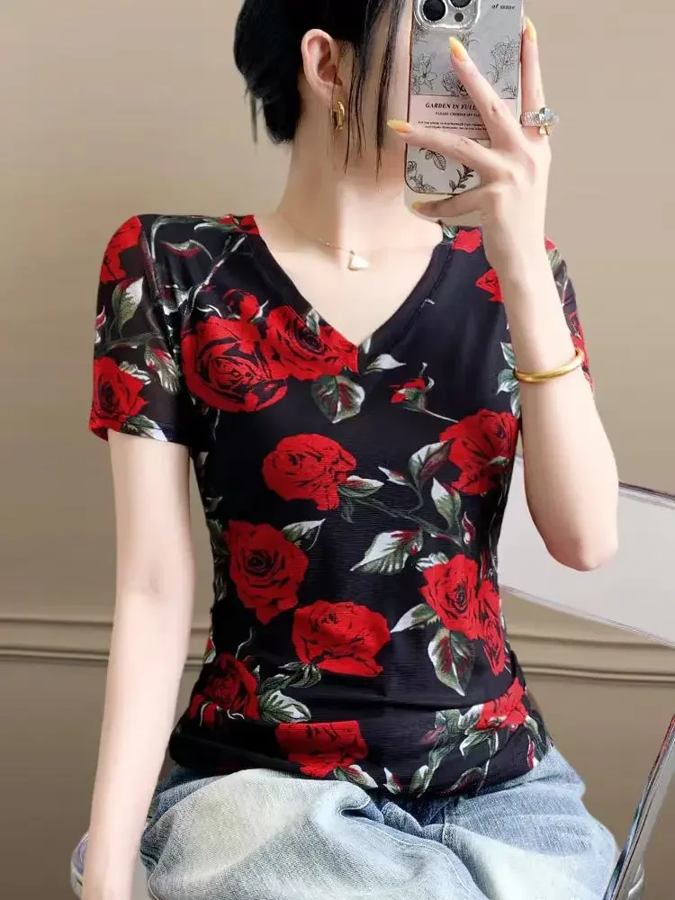 Red Floral V-Net Mesh Top Women's Summer Blouse - Breathable Short Sleeve Lightweight T-Shirt Feminine