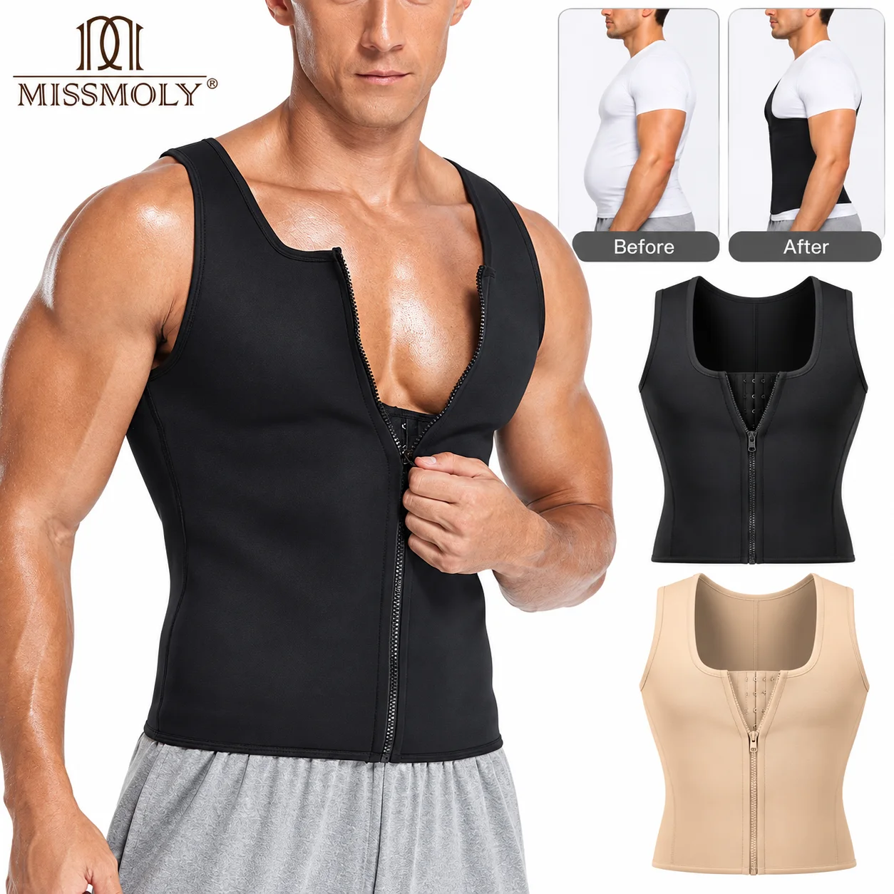 Miss Men 2 in 1 Waist Trainer Vest Tummy Control Compression Body Shaper Zipper Sauna Vest 3 Row Hook Eye Back Support Shapewear
