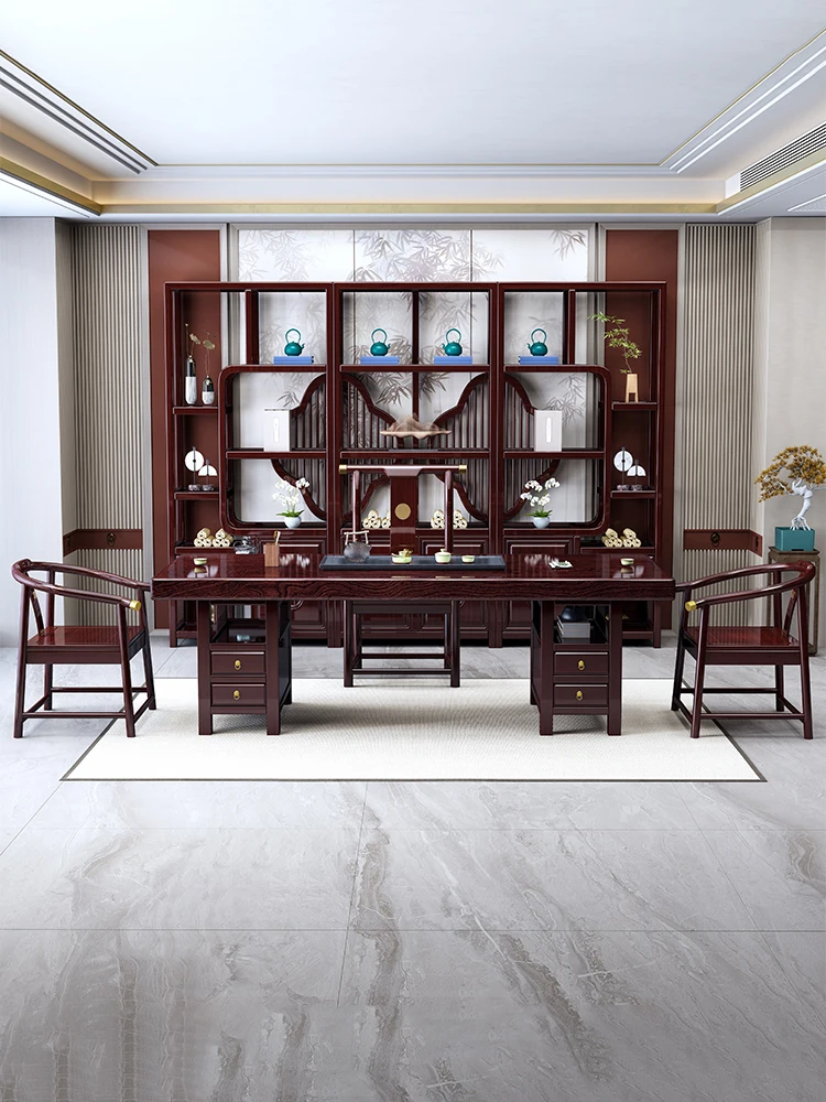 New Chinese solid wood tea table and chair combination with one table and five chairs