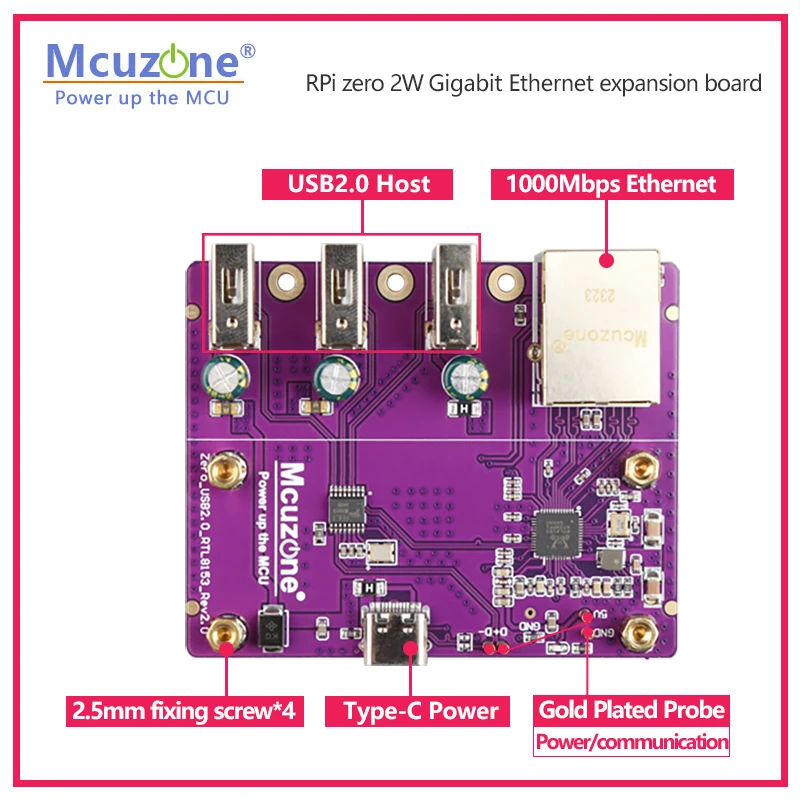 RPi0 3U1GE, Raspberry pi zero2 W Gigabit Ethernet placa de expansión, USB a Ethernet, USB HUB, RJ45, typec, estuche