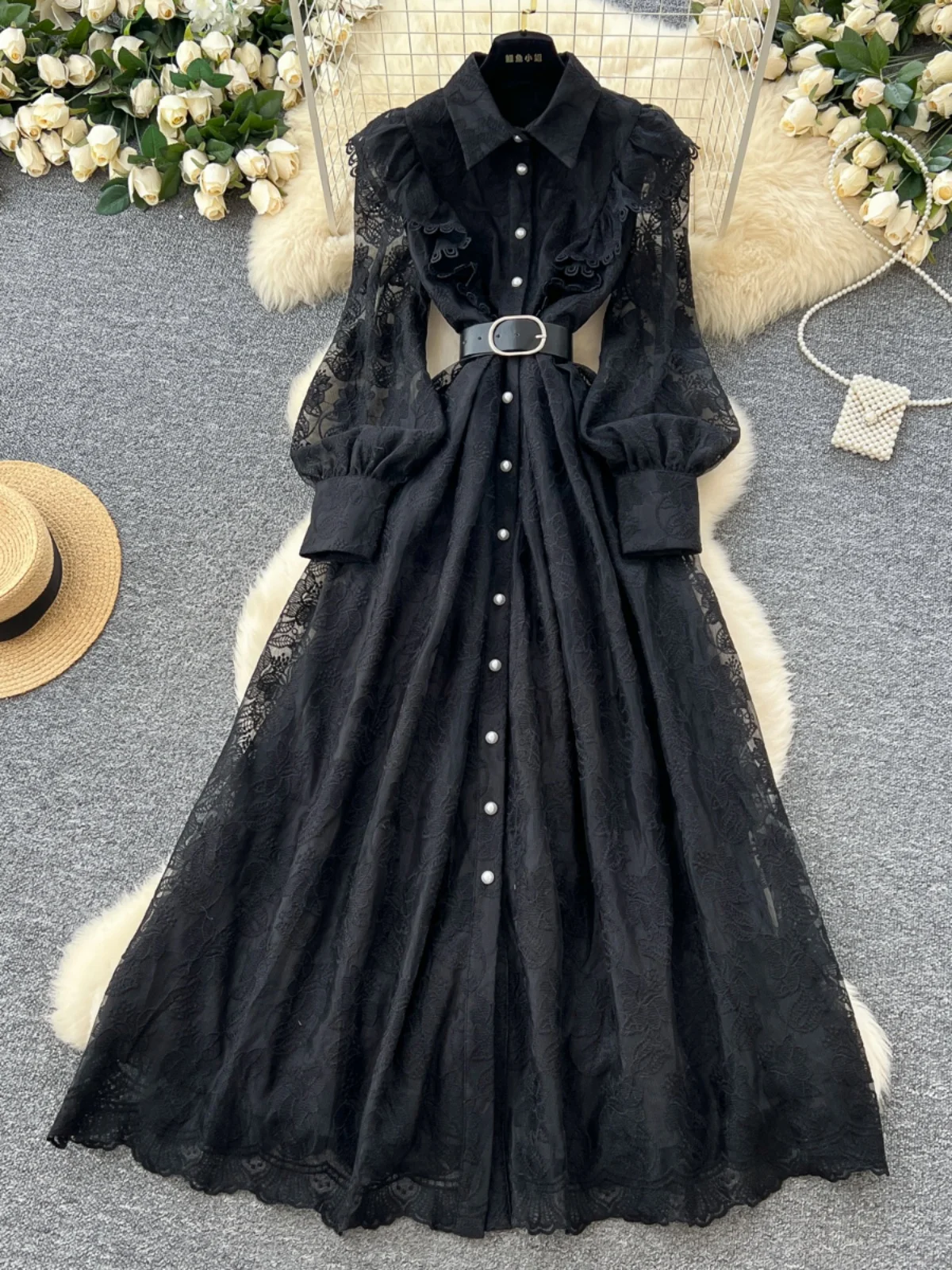 Długa spódnica damska z szyfonu z haftem, z wysokim stanem, w kształcie litery A, w stylu koreańskim, idealna do pracy, na wiosnę.