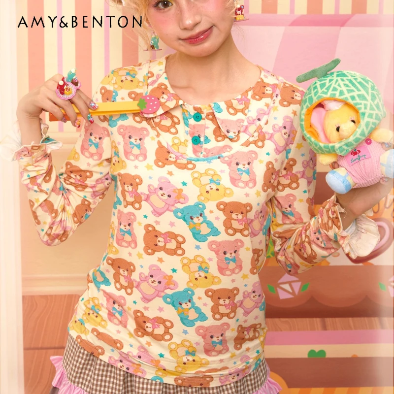 

Новая осенняя женская рубашка из двух предметов с милым животным принтом, японский дизайн, универсальная утягивающая футболка для женщин