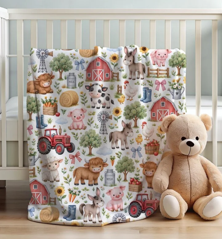 Farm Animal Baby Blanket, Tractor Baby Blanket, Farm Nursery Blanket Barnyard Blanket Farmhouse Nursery Decor, Country Baby Gift
