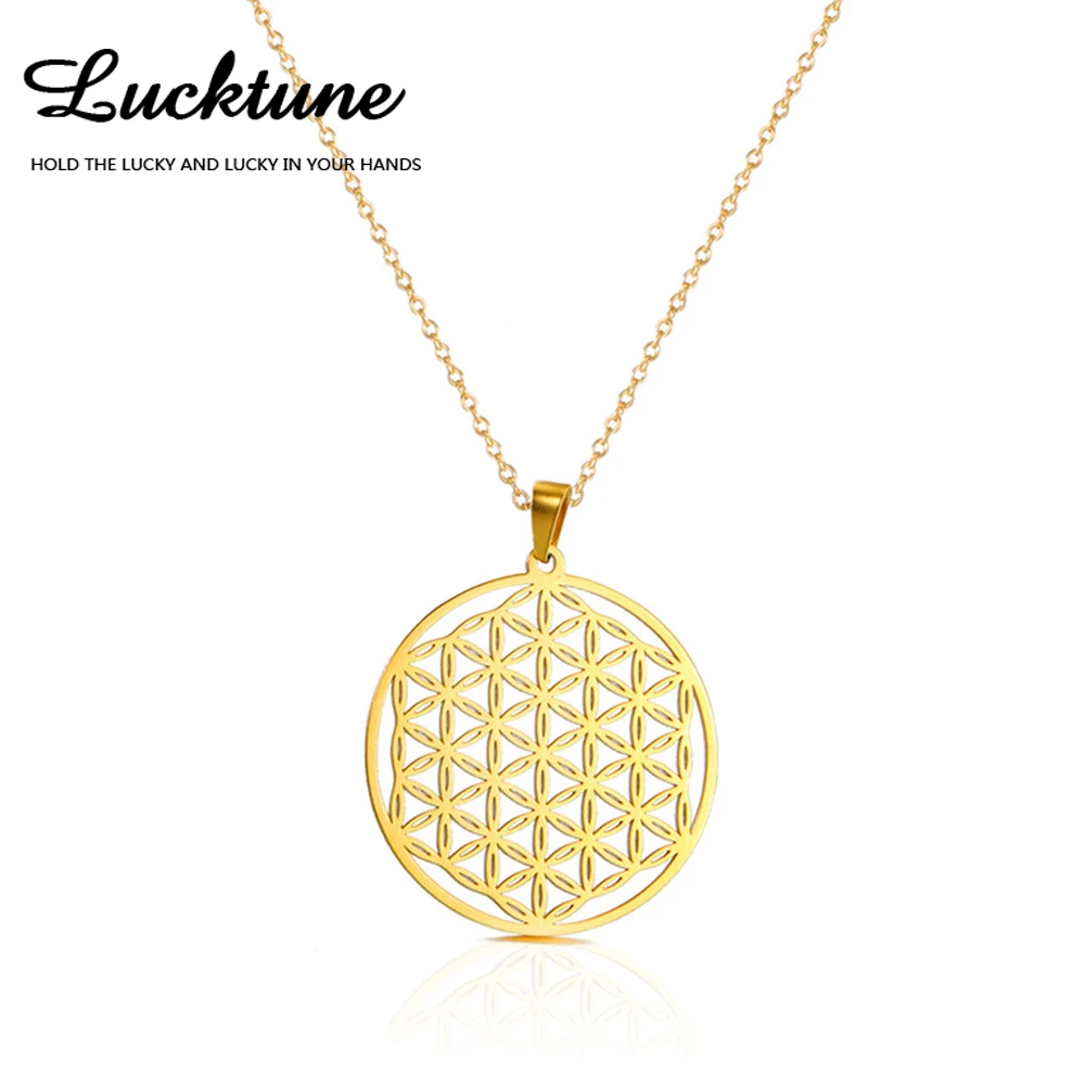 Lucktune Viking Flower of Life Pendant Necklace Stainless Steel Vintage Sacred Mandala Chain Necklace Women Aesthetic Jewelry