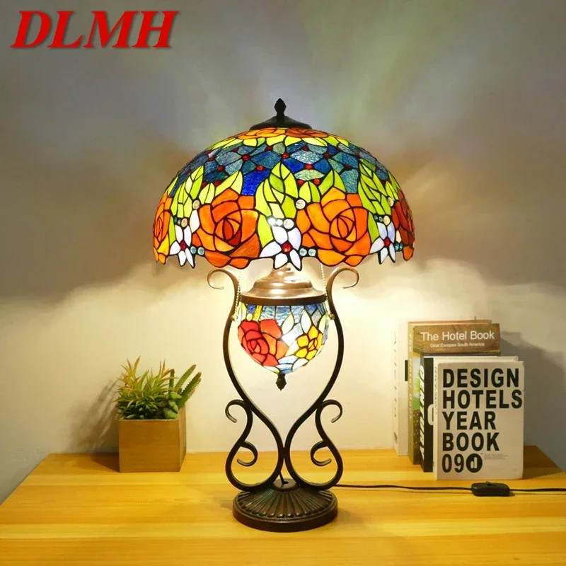 

DLMH Tiffany Table Lamp American Retro Living Room Bedroom Lamp Luxurious Villa Hotel Stained Glass Desk Lamp