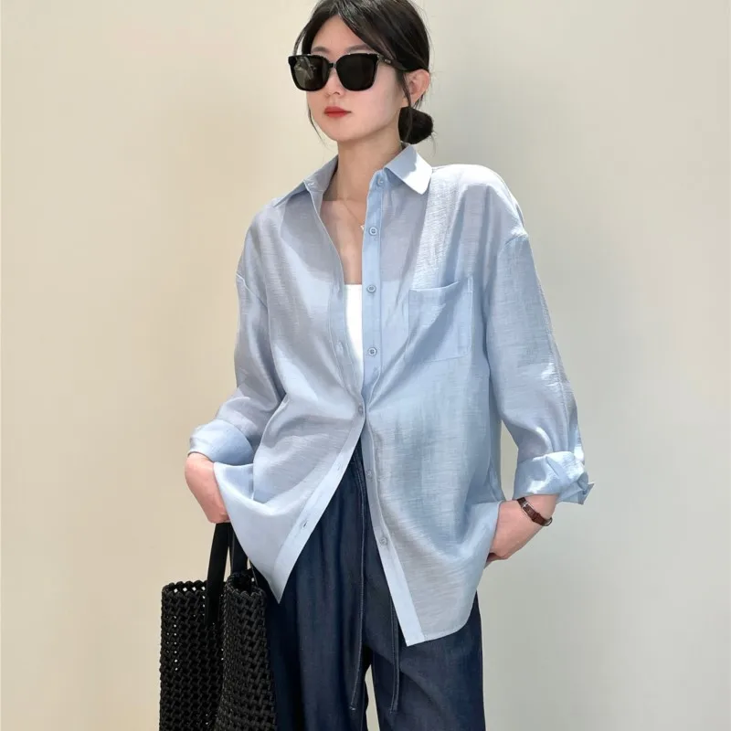 

Johnature 2025 Summer Autumn New Casual Solid Color Lapel Top Women Comfortable Versatile Loose Sunscreen Shirts