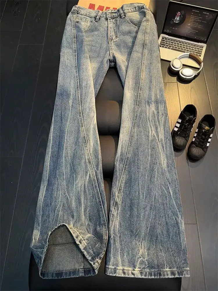 American Vibe Lightning Pattern Diagonal Cut Jeans Men's Autumn CleanFit Straight Leg Pants Youth Fashion Casual Jeans