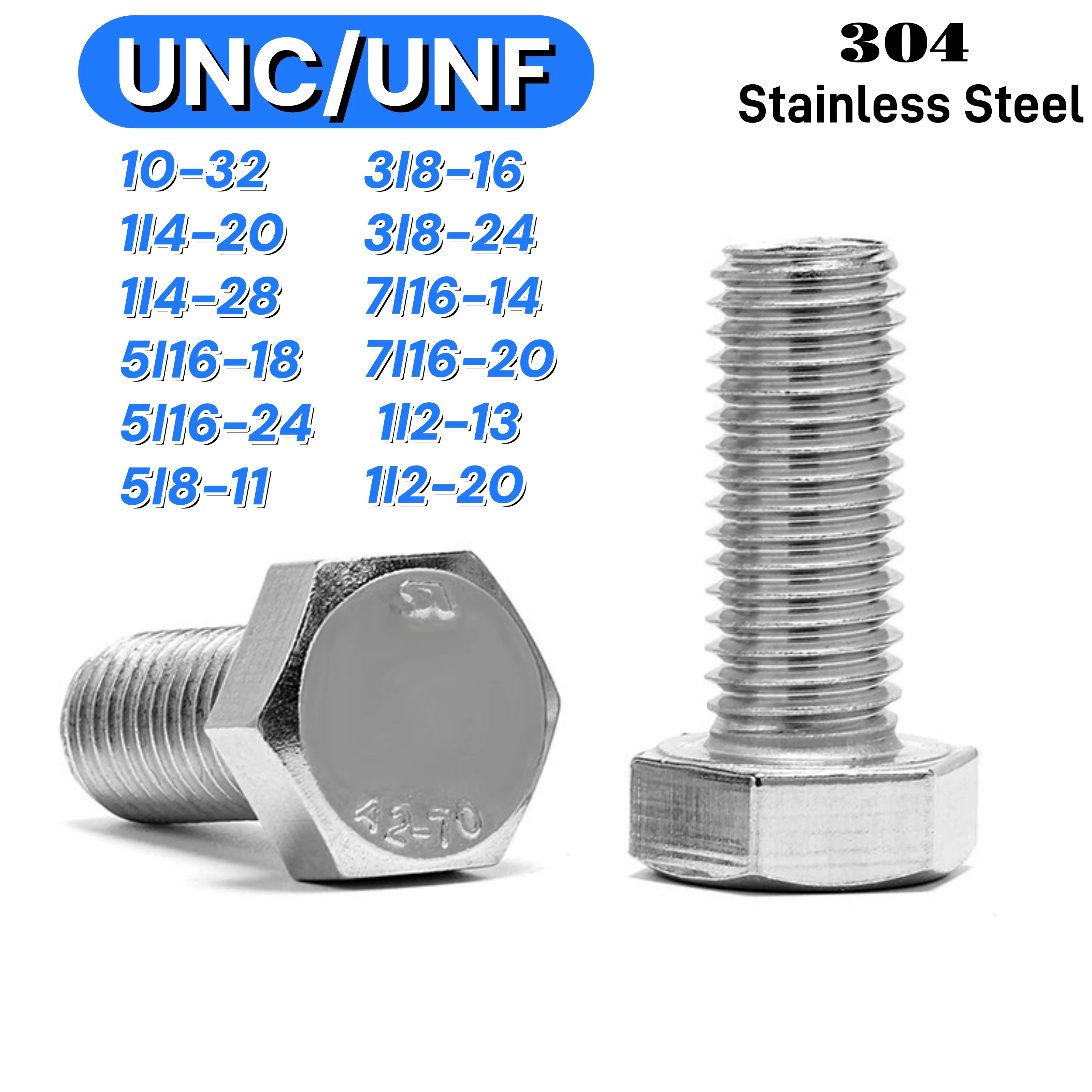 UNC/UNF 304 Stainless Steel Hexagon Head Screw Full Threaded External Hexagon Head Bolts Coarse/Fine Thread