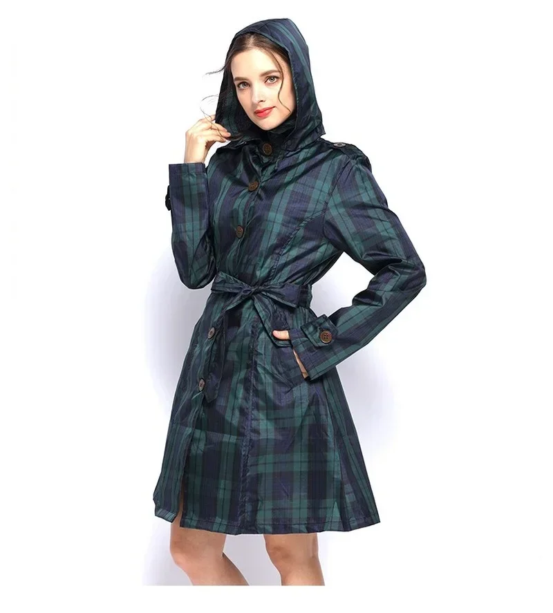 Womens Stylish Long Green Grid Rain Poncho Waterproof Raincoat Jacket Coat with Hood and Belt