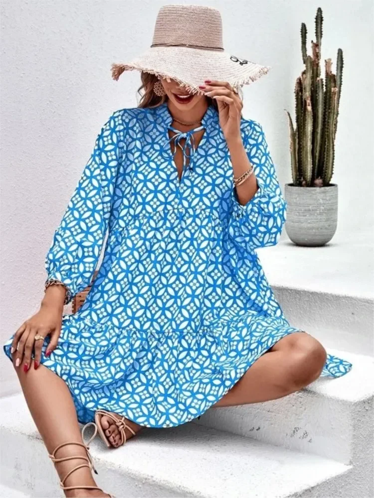 Moda estiva nuova stampa abito Boho sexy stile spiaggia temperamento corto scollo a V lunghezza al ginocchio abito da festa elegante femminile