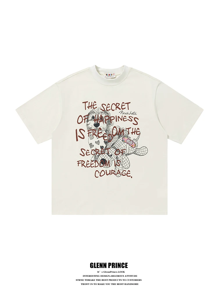 

GPstudio American Street Cartoon Doll Print Short Sleeve T-Shirt Men Loose Lazy Couples Pure Cotton Half Sleeve Tee