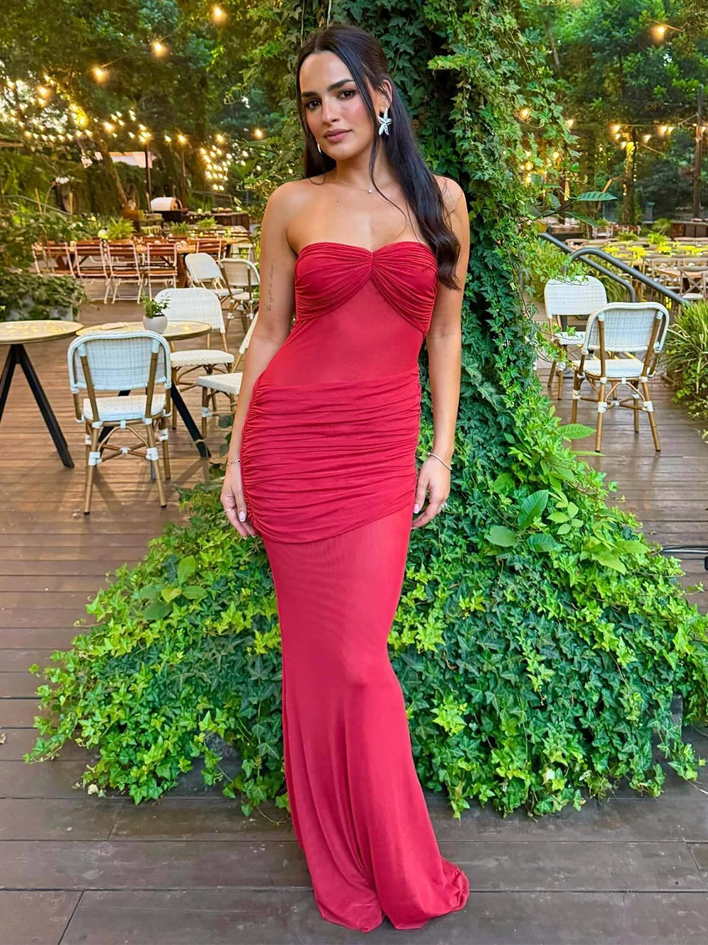 فستان شبكي جديد لصيف 2025 عصري ومثير بدون حمالات ورقبة واحدة شفاف مع مقاس نحيف ومعانقة الورك فساتين طويلة #2