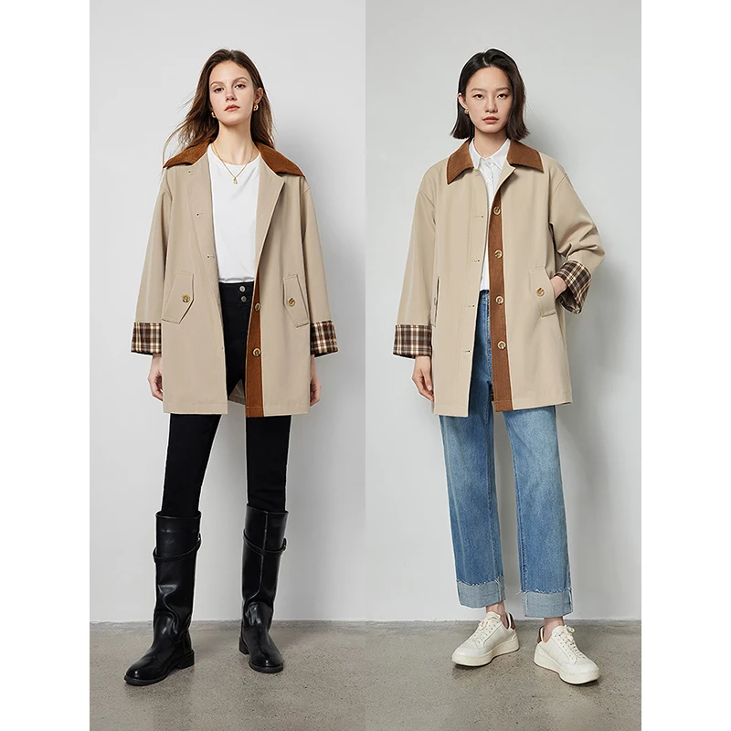 TOYOUTH Women Trench Coat 2024 Spring New Maillard Style Single Breasted Button Contrast Classic Stripe Khaki Windbreaker Coat