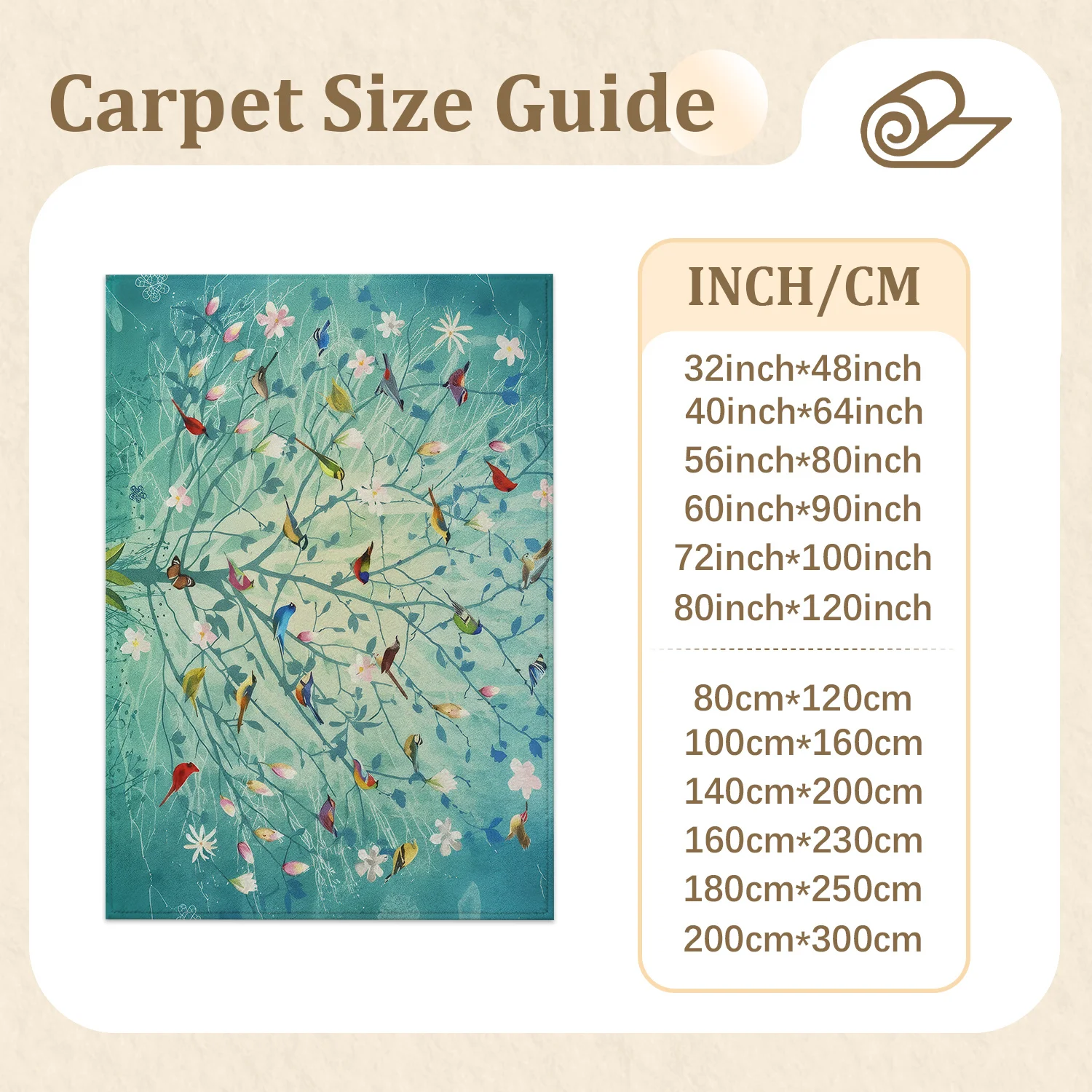 Large Indoor Area Rug, Soft Velvet Low Pile Non-slip Dotted Backing, Machine Washable Teal Nature Tree Branch Bird Floral Print, Suitable for Living Room, Bedroom, Entryway Home Decor