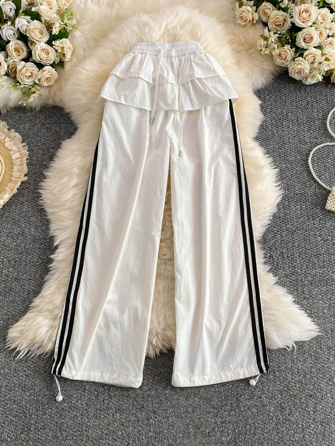 Fashionable High Waist Wide Leg Pants Women's Casual Design Pleated Slim Striped Cuffed Long Trousers Korean Style Commute