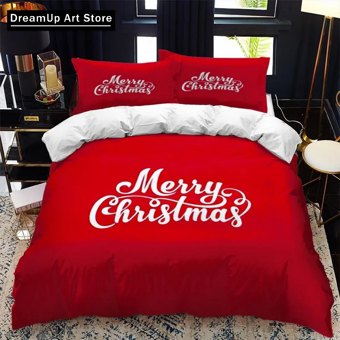 Christmas Polywster Duvet Cover Set King Queen Size Winter Red Santa Claus Gift Merry Christmas Bedding Set