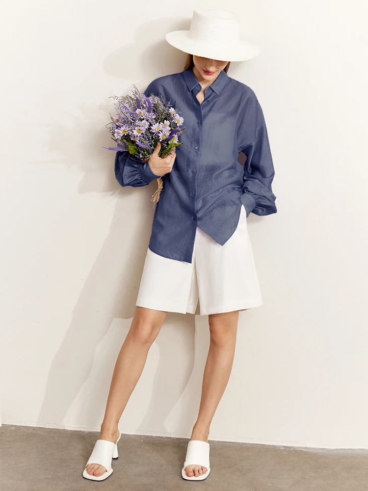 AMII Minimalist Blouse for Women 2023 Spring Lantern Sleeve V-Neck Slightly Transparent Elegant Commuter Clothing Tops 72341030