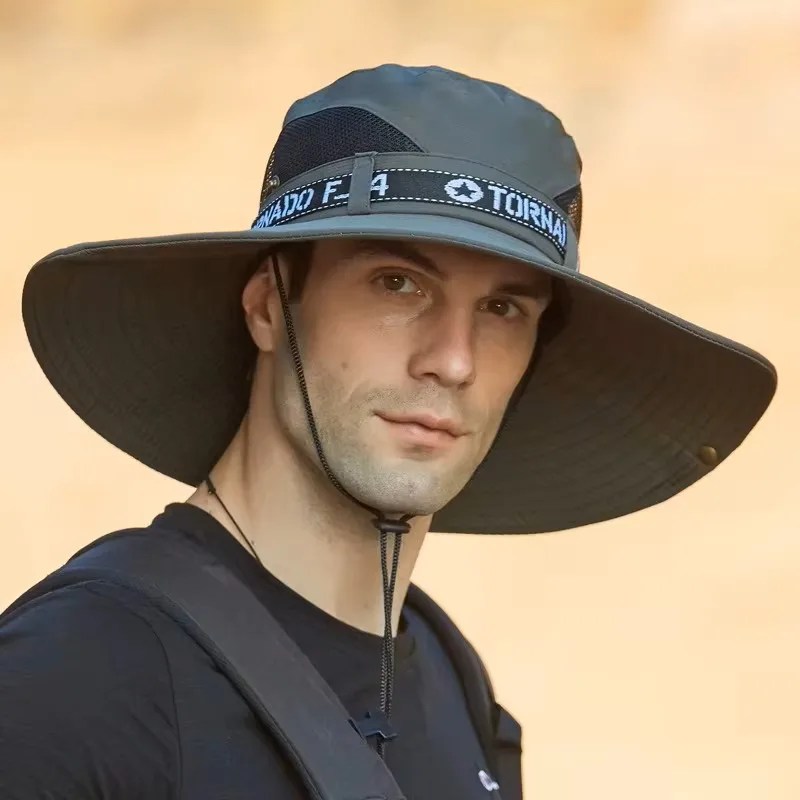 Men Rear Mesh Wide Brim Fishing Hat, UPF50+ Breathable Wind Chin Strap Outdoor Safari Sun Bucket Cap